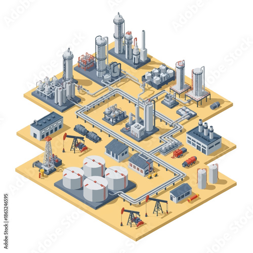 Detailed isometric illustration of an oil and gas industry complex with refineries, storage tanks, pipelines, and drilling rigs.
