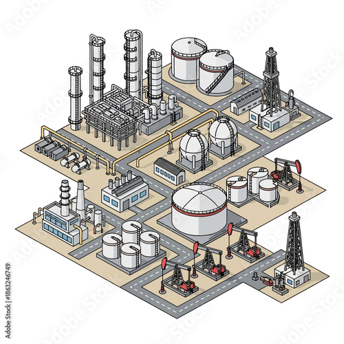 Isometric illustration of a large oil refinery and oil field complex with various processing units, storage tanks, derricks, and pumpjacks connected by roads and pipelines.