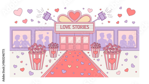Love Stories Theater: An illustration of a romantic cinema scene, with hearts, popcorn, and a red carpet leading to the doors, representing love, movies, and stories.