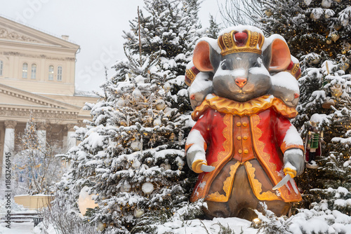 Sticker Moscow, Russia - 30 December 2025:  Large statue of mouse king in red royal coat
