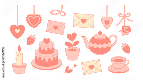 Hearts, Love Letters, and Sweet Treats: A delightful arrangement of romantic symbols, perfect for conveying heartfelt emotions and celebrating special moments.