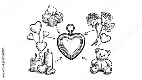 Romantic Affection in Sketch: A collection of heart-shaped objects is gathered in an artistic sketch, capturing affection, representing romance, love, and emotional connection.