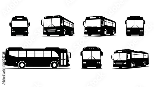 Collection of black bus illustrations showing various perspectives and views, ideal for transport and travel designs.