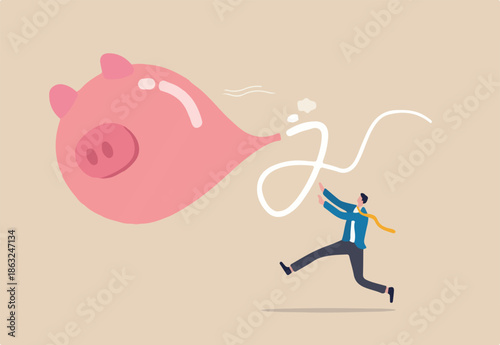 Loss money from economic crisis or stock market crash, financial problem or losing all savings pension concept, businessman running trying to catch flying deflate piggy bank balloon