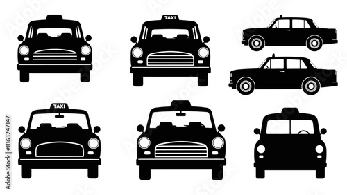 Collection of black silhouette taxi cars in various front and side views, depicting classic vintage cab designs for urban transport.