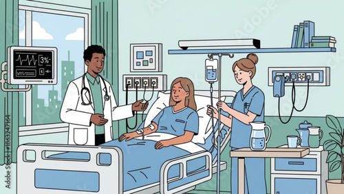 Doctor and Nurse Attending to Patient in Hospital Room with Modern Medical Equipment