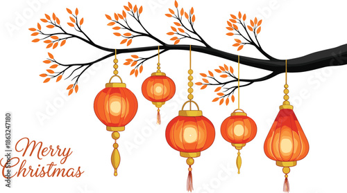 Merry Christmas vector illustration featuring traditional Chinese lanterns hanging from an orange-leafed tree branch on a white background.