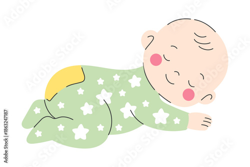 Cute sleeping baby in star-patterned pajamas. Sweet Dreams Concept of peaceful newborn.  Perfect for parenting blogs, baby product packaging, or sleep-tracking app interfaces.

