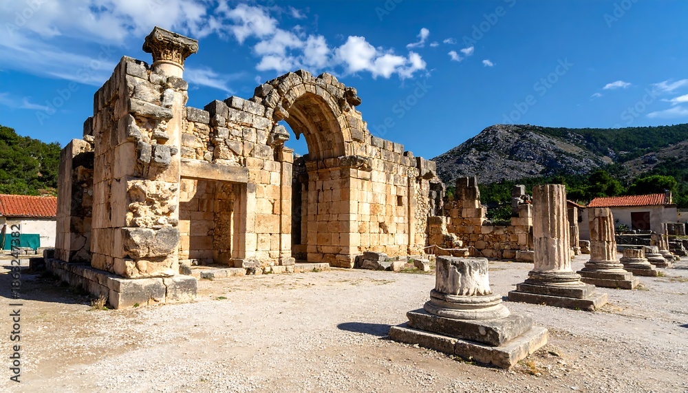 Fototapeta premium Ancient Roman Ruins with Arches and Columns Under a Blue Sky