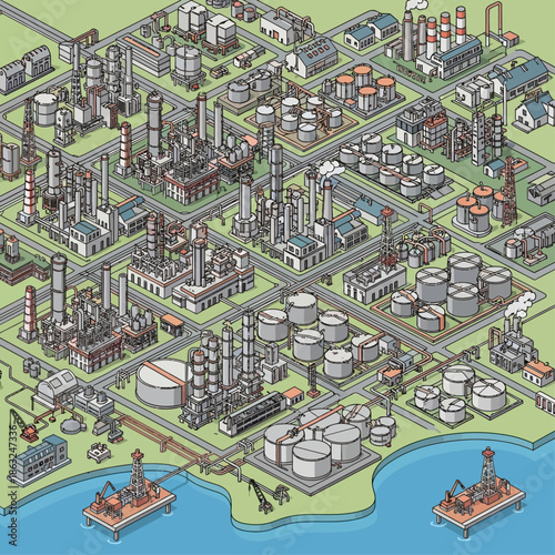 Detailed isometric illustration of a sprawling industrial complex featuring oil refineries, storage tanks, and offshore drilling platforms.