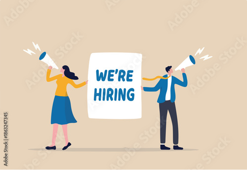 HR recruiting announcement we are hiring advertisement, human resources or employer looking for candidate for job vacancy concept, business people HR with megaphone holding we are hiring sign