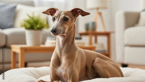 Italian greyhound puppy sitting on cushion isolated on white background