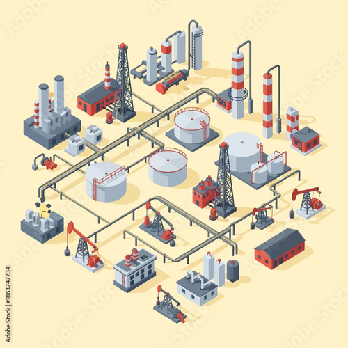 Isometric illustration of an oil and gas industry complex with refineries, storage tanks, and drilling rigs connected by pipelines.