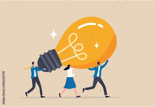 Innovation idea to drive team success, business innovative solution, community or invention help company achieve goal concept, business people teamwork help carry big smart lightbulb innovation idea