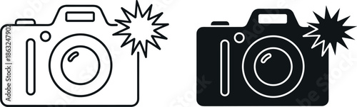 Line and Glyph Camera Icon Set with Flash Symbol for Photography Digital Media Graphic Design and Professional Photo Studio Vector Illustrations