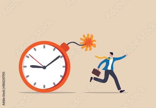 Time management, project deadline countdown or problem or trouble to deliver or launch product concept, fearful businessman running away from detonated time countdown bomb about to explode.