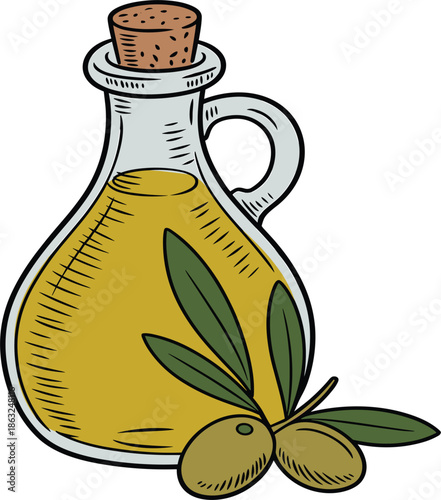 Hand drawn olive oil glass bottle with cork and green olives, Mediterranean organic food vector sketch