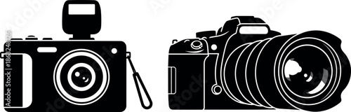 Professional DSLR and Mirrorless Camera Silhouette Icons Set with External Flash and Zoom Lens for Photography Equipment Graphic Design Elements