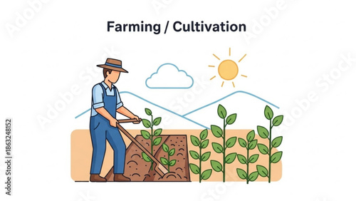 Farmer Cultivating Plants in Field under Sunny Sky