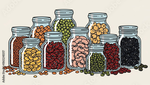 Assorted Beans in Glass Jars, Isolated on Beige Background, Top View