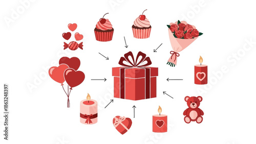 Gift of Affection: An array of delightful gifts radiating love and fondness, featuring heart-shaped balloons, decadent cupcakes, aromatic candles, and a charming teddy bear.