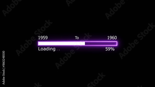 Loading 100 percent complete progress bar digital interface technology modern design white color 4k illustration. New year 1959 to 1960 loading. Neon bright rectangle frame black background.