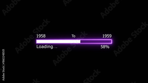 Loading 100 percent complete progress bar digital interface technology modern design white color 4k illustration. New year 1958 to 1959 loading. Neon bright rectangle frame black background.