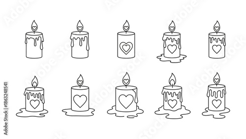 Illuminated Hearts: A collection of ten unique, line-art candles, each with a heart emblem, showcasing themes of love, warmth, and tranquility.