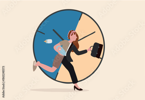 Working mom or mother work life balance, parenting employee or family responsibility concept, busy businesswoman with baby in one hand at home and working briefcase in the other hand with time clock