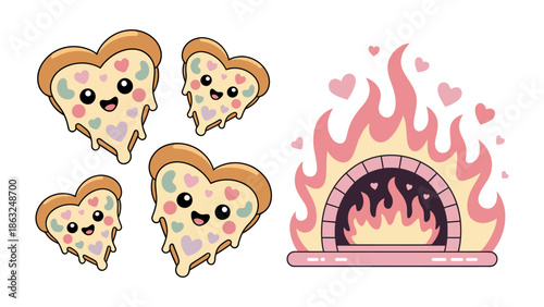 Cute Pizza Heart and Fireplace: A charming cartoon arrangement of heart-shaped pizza slices, alongside a cozy fireplace with heart-shaped flames, exudes warmth, and culinary love.
