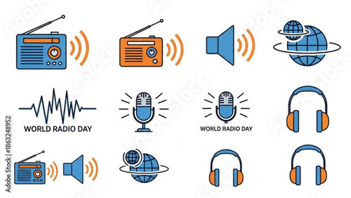 World Radio Day Icons Set with Headphones and Microphones