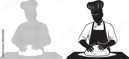 Black vector illustration of a professional woman in a dress and a businessman in a suit sitting at an office desk with a laptop and computer