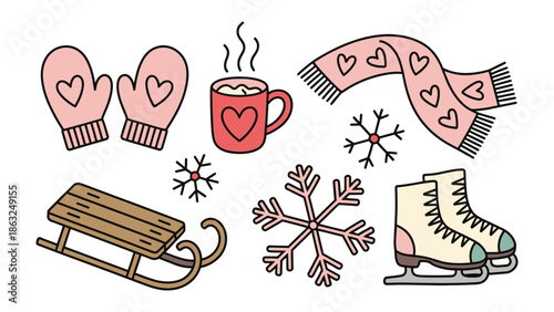 Winter Warmth Collection: A collection of winter themed icons including mittens, a scarf, snowflakes, a mug, ice skates, and a sled