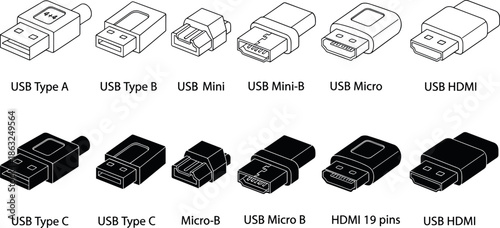 Technical Illustration Set of USB and HDMI Cable Connectors Including Type A Type C Micro and Mini Port Interface Plugs