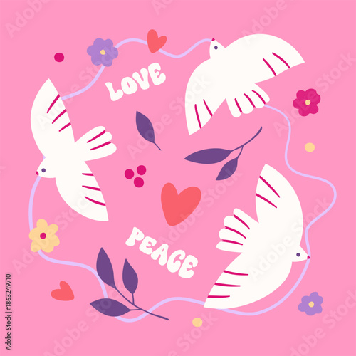 pigeon birds, love and peace card, naive, vector illustration