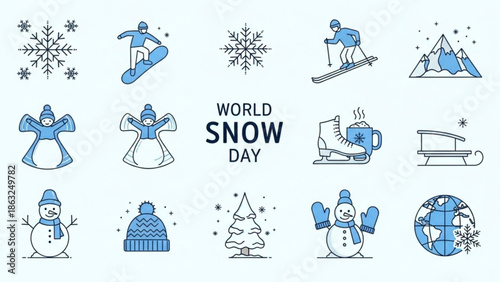 World snow day celebration icons with snowmen, snowflakes, skiing, and winter sports on light blue
