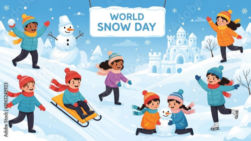 Children playing in the snow on world snow day, happy kids sledding and building snowmen together in winter