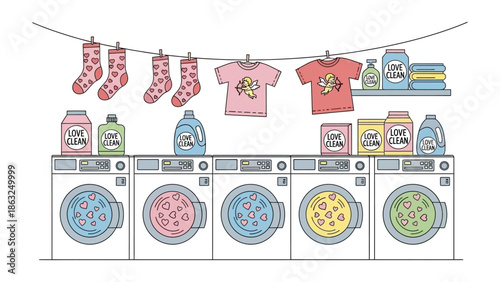 Laundry Day: A charming cartoon illustrates a bright and tidy laundry room, showcasing washing machines and freshly laundered clothes.