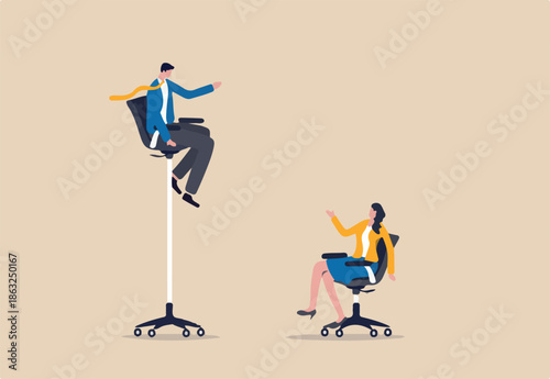 Gender gap and inequality in work, pay gap or advantage for man over woman in career path concept, businessman sitting on high office chair over businesswoman sit on normal chair discussing work.