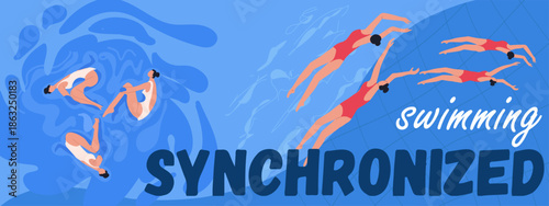 Text synchronized swimming, women's team performance Hand drawn vector illustration.