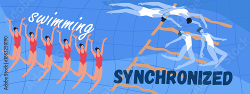 Text synchronized swimming, women's team performance Hand drawn vector illustration.
