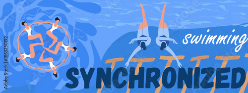 Text synchronized swimming, women's team performance Hand drawn vector illustration.