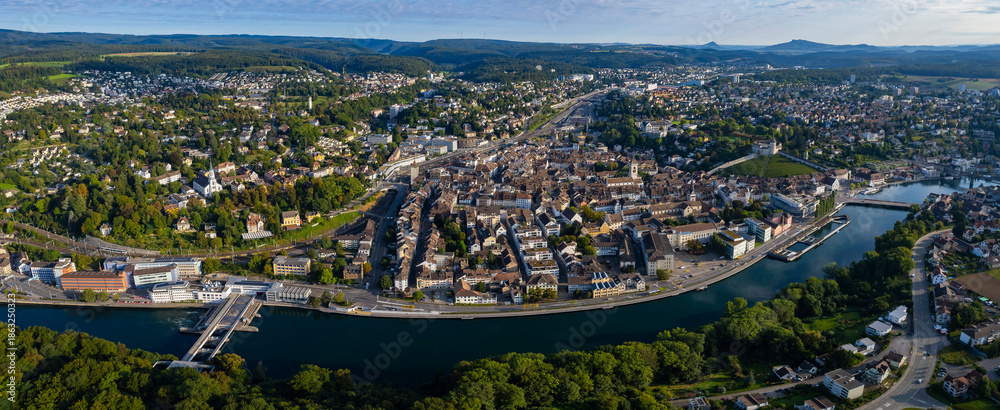 Fototapeta premium A panoramic Aerial view of the old town of the city Schaffhausen in Switzerland on a sunny morning in summer
