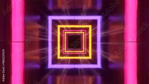 Abstract perspective of glowing square tunnel with warm and cool colors.
