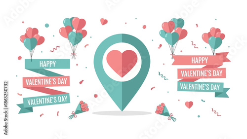 Valentine's Day Icon: An animated Valentine's Day illustration, featuring heart-shaped balloons, banners, a location pin, and bouquets, the image is filled with romantic symbolism.