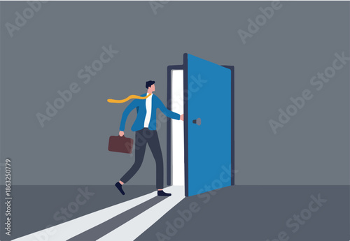 Open the door to find new opportunity, new job or get out of comfort zone, hope to find success, way to exit, escape to bright future concept, businessman open the door to see bright light coming in