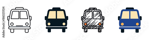 Four bus icon illustrations in various styles like outline, flat color, and doodle sketch, representing public transportation, travel, and urban transit from a front-on view