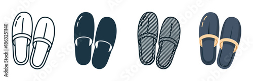Four pairs of house slippers illustrated in different graphic styles including line art, silhouette, hatching, and flat color vector design for home or spa concepts