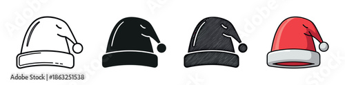 Four Christmas Santa hat icons presented in a row, showcasing various vector styles like simple outline, solid glyph, hatched texture, and a classic red colored version