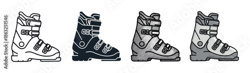 Set of four ski boot icons showing different illustration styles including outline, silhouette, engraved hatching, and flat color for winter sports and alpine activities